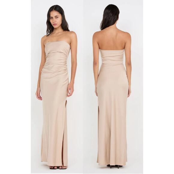 NWT Bec + Bridge Eternity Strapless Ruched Maxi Dress Sand Women's Size US 6